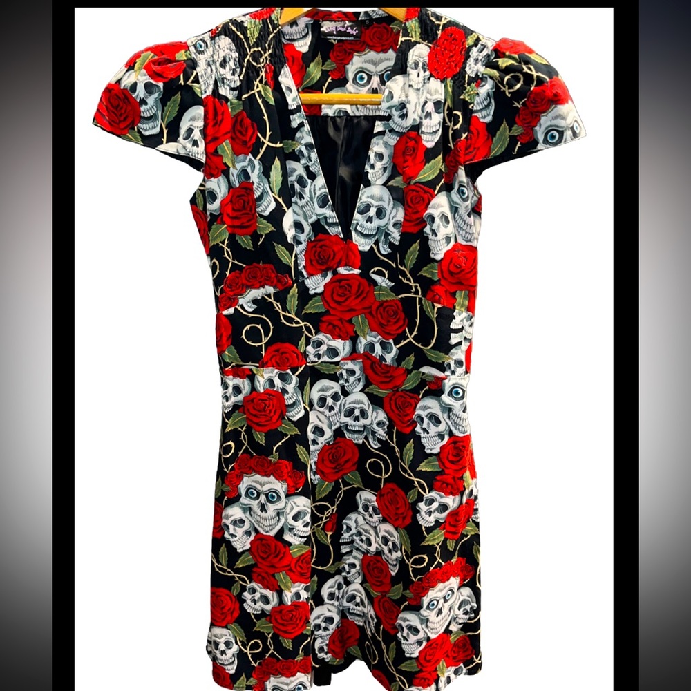 Living Dead souls creepy emo DRESS day of dead SKULL ROSE V-neck short sleeves S
